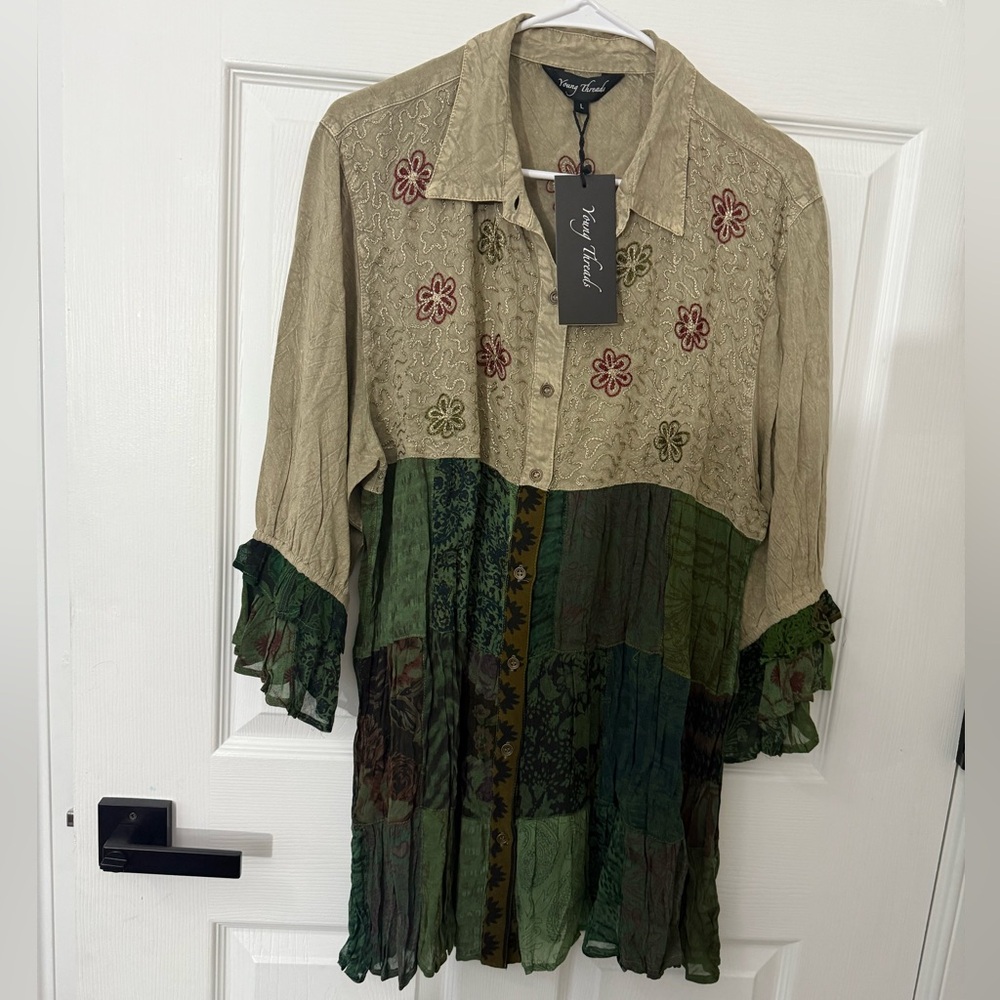 Young Threads Boho Patchwork Tunic Top Sage Green Embroidered Vintage Blouse L